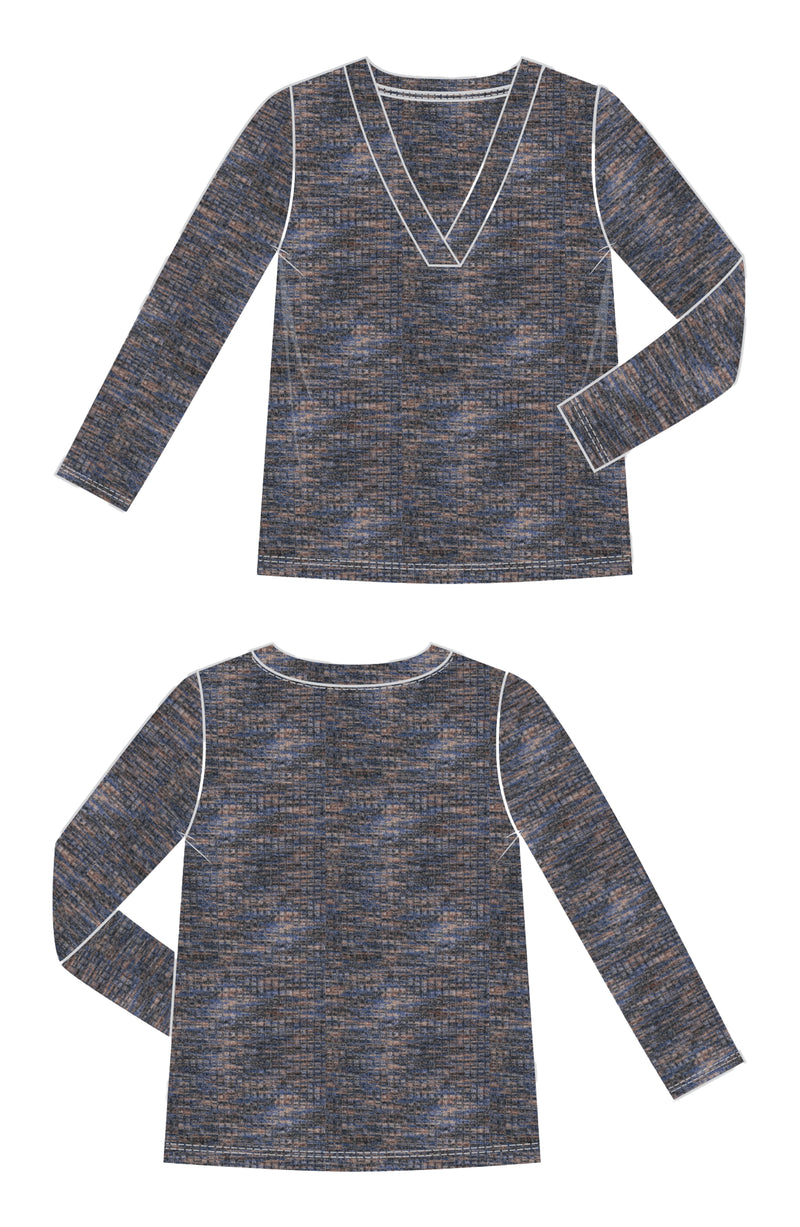 Liverpool 3/4 Sleeve V-Neck Knit Tee - Blue Spacedye