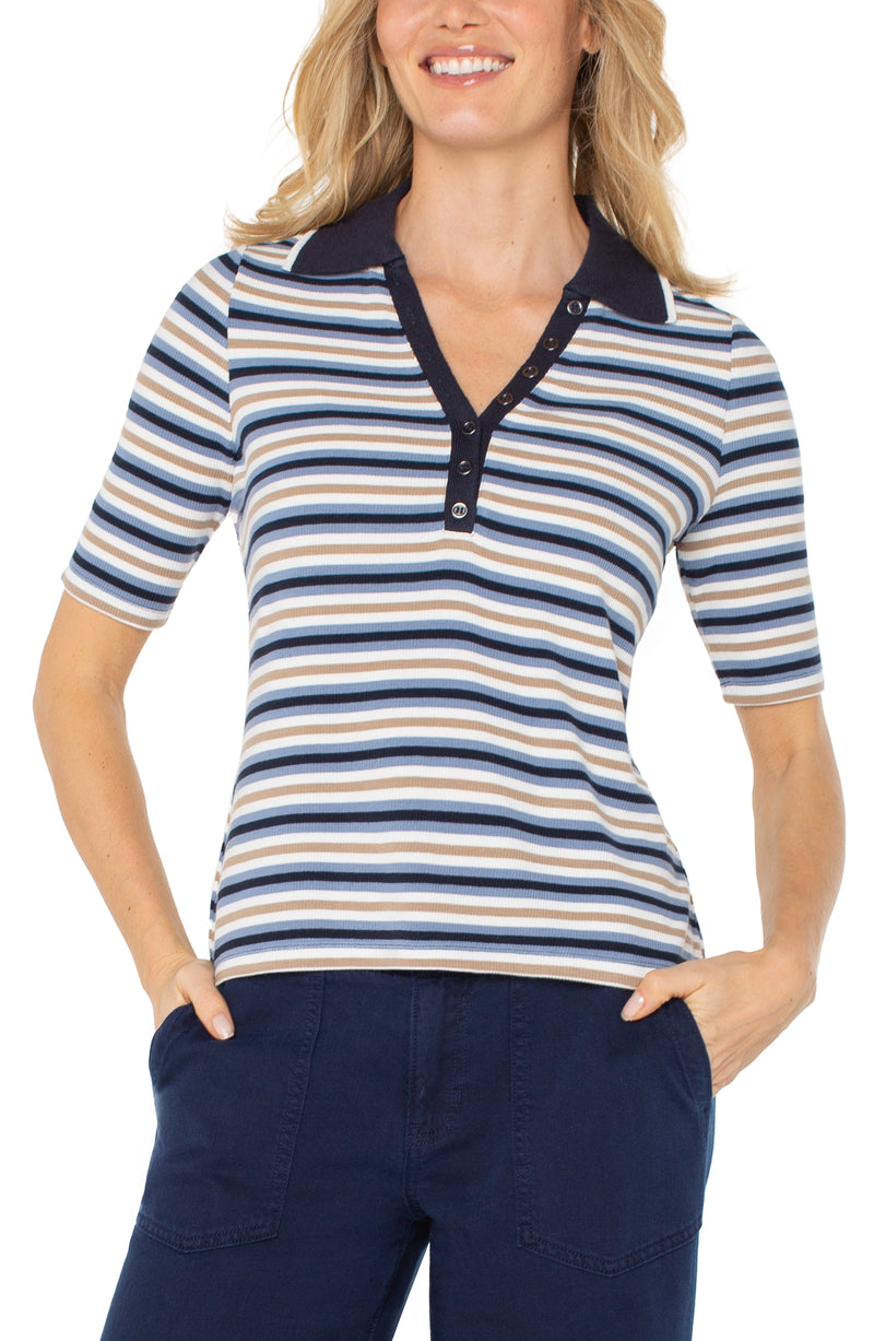 Liverpool Shirred Half Sleeve Henley Knit Top - Blue Multi Stripe