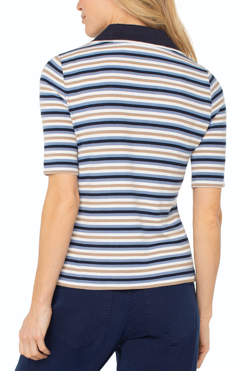 Liverpool Shirred Half Sleeve Henley Knit Top - Blue Multi Stripe