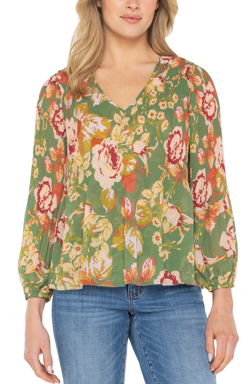 Liverpool Long Sleeve V-Neck Pleated Top - Green Multi Floral