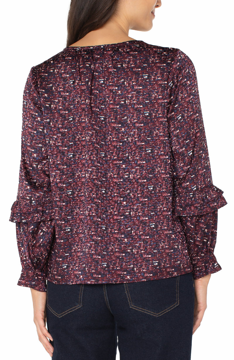 Liverpool Long Sleeve Woven Blouse w/ Ruffles - Burgundy Multi
