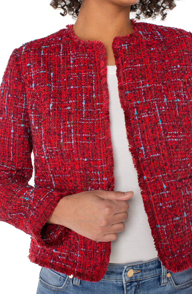 Liverpool Collarless Jacket with Frayed Hem - Red Multi Boucle
