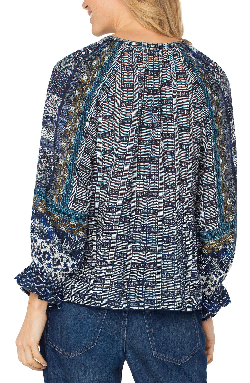 Liverpool 3/4 Sleeve Button Front Woven Blouse - Blue Shibori Multi