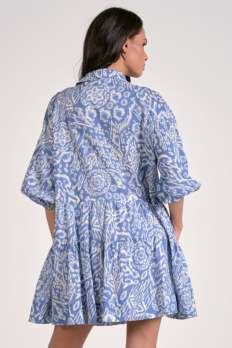 3/4 Sleeve Collared Dress - Blue