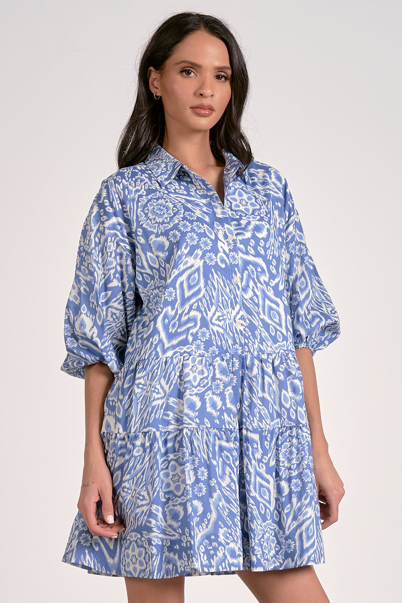 3/4 Sleeve Collared Dress - Blue