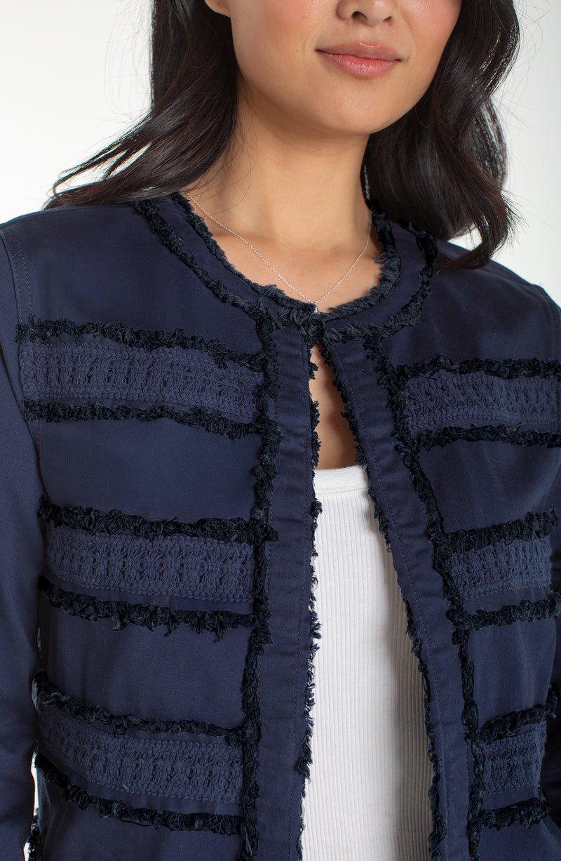 Liverpool Collarless Jacket w Fray & Lace - Deep Midnight