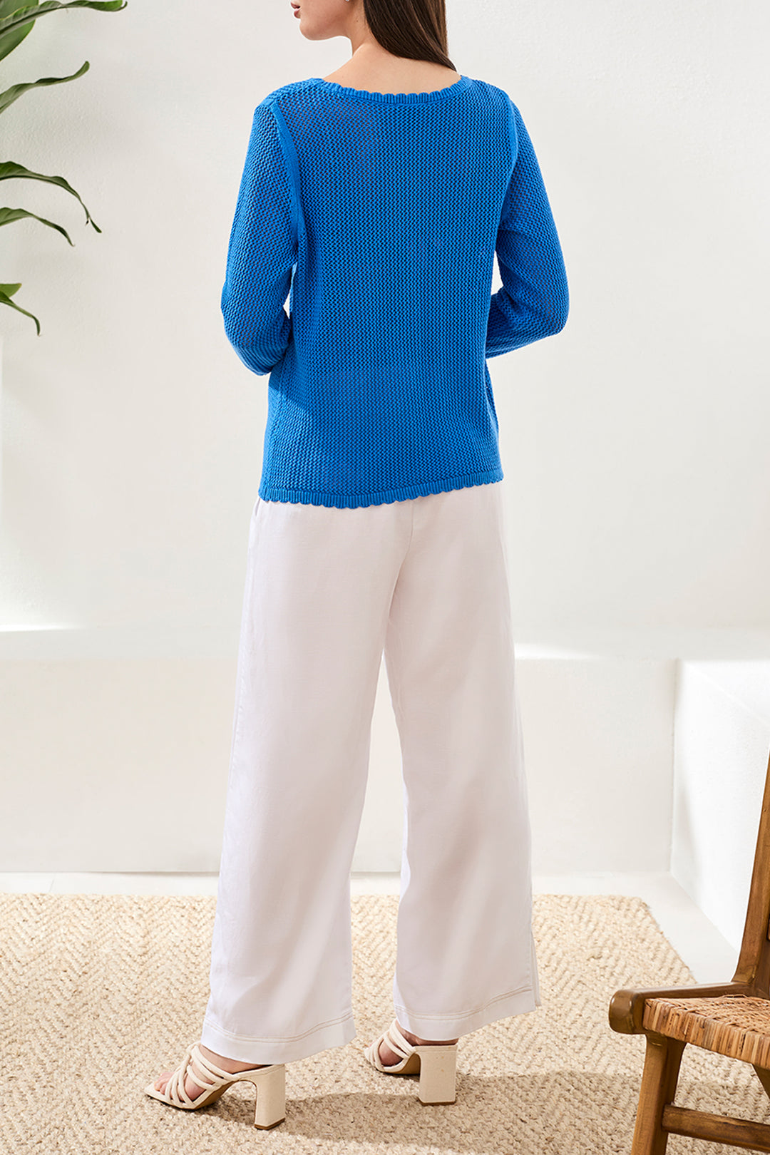 Tribal Open-Stitch Embroidered Cotton Crew Neck Sweater - Royal