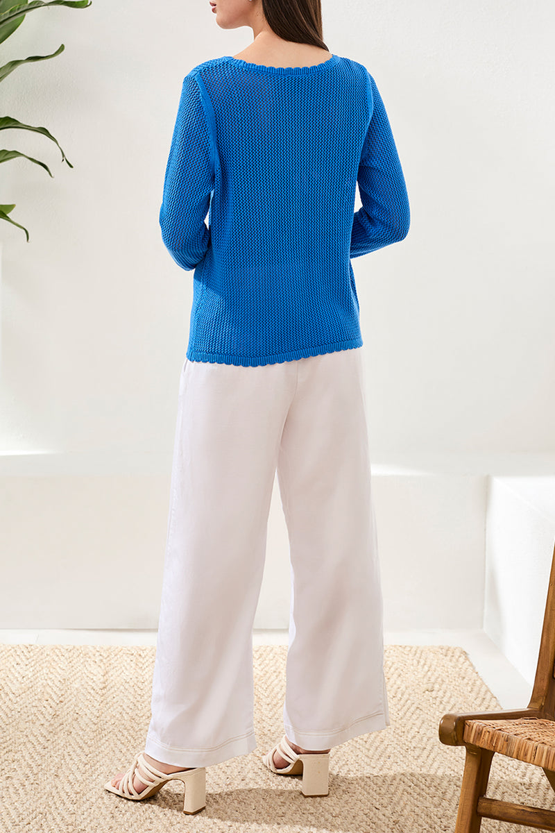 Tribal Open-Stitch Embroidered Cotton Crew Neck Sweater - Royal