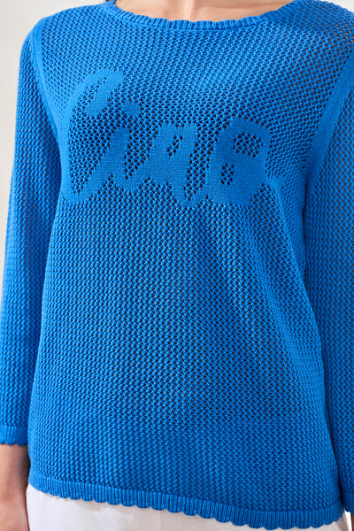 Blue sweater with 'Ciao' text on a plain background