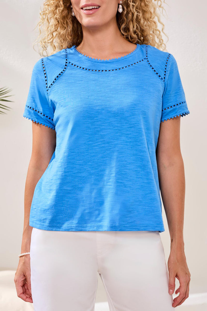 Tribal Cotton Slub Short Sleeve Top With Lace Detail - Royal