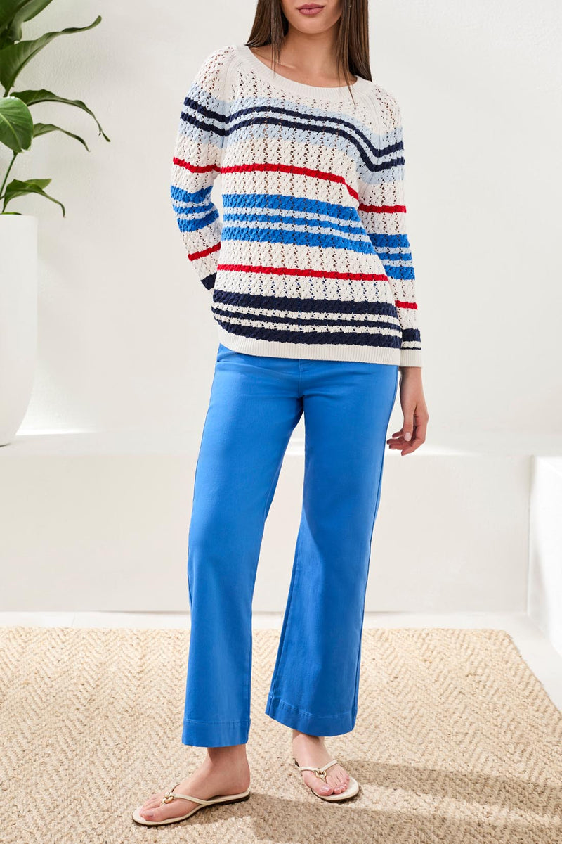 Tribal Striped Cotton Crew Neck Sweater With Cable Detail - Royal