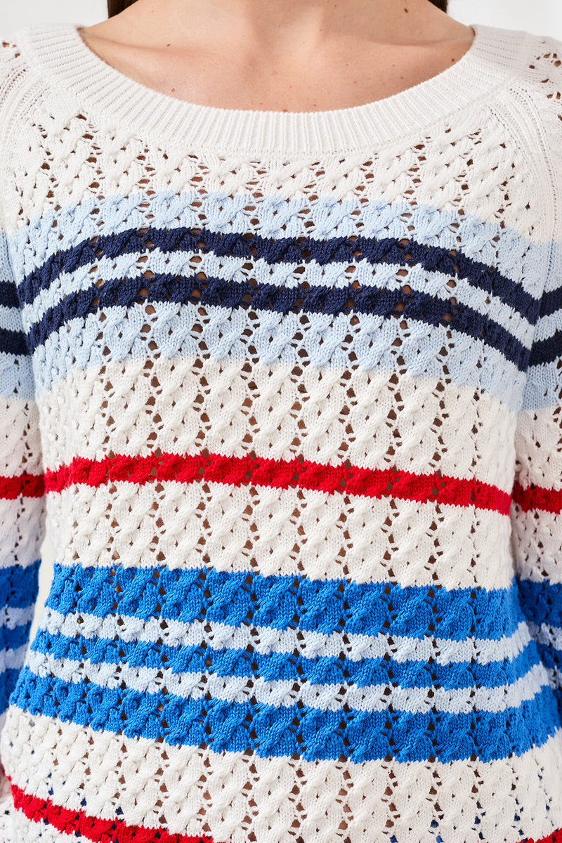 Tribal Striped Cotton Crew Neck Sweater With Cable Detail - Royal