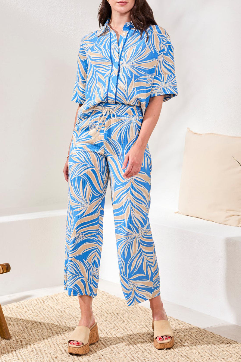 Tribal Printed Flowy Ankle Pants With Drawcord At Waist - Royal