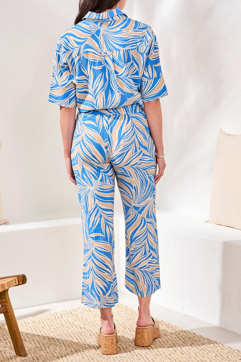 Tribal Printed Flowy Ankle Pants With Drawcord At Waist - Royal