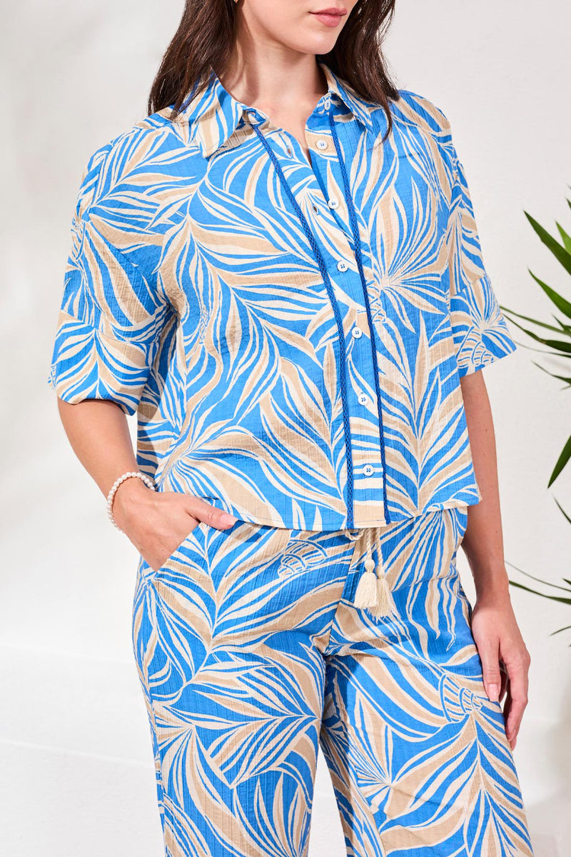 Tribal Printed Loop Stitch Button-Front Camp Shirt - Royal