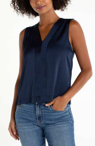 Liverpool Sleeveless V-neck Woven-to-knit Top - Dark Navy