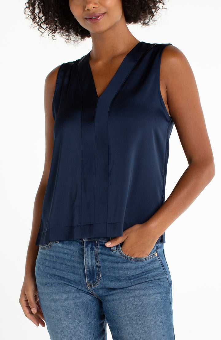 Liverpool Sleeveless V-neck Woven-to-knit Top - Dark Navy