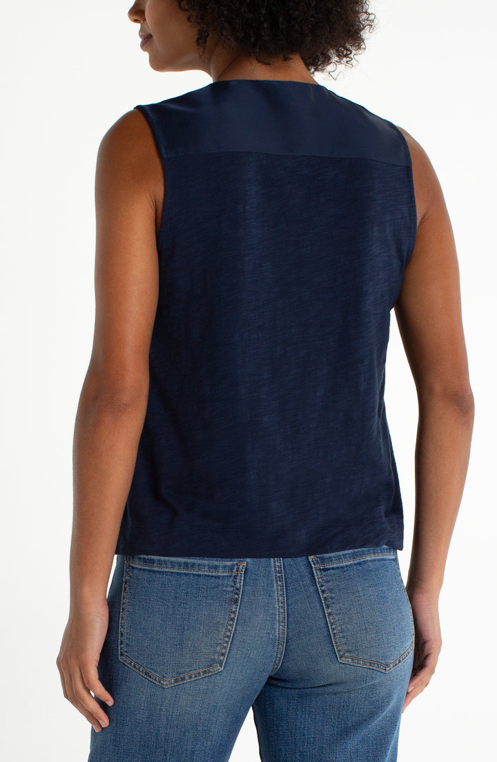 Liverpool Sleeveless V-neck Woven-to-knit Top - Dark Navy