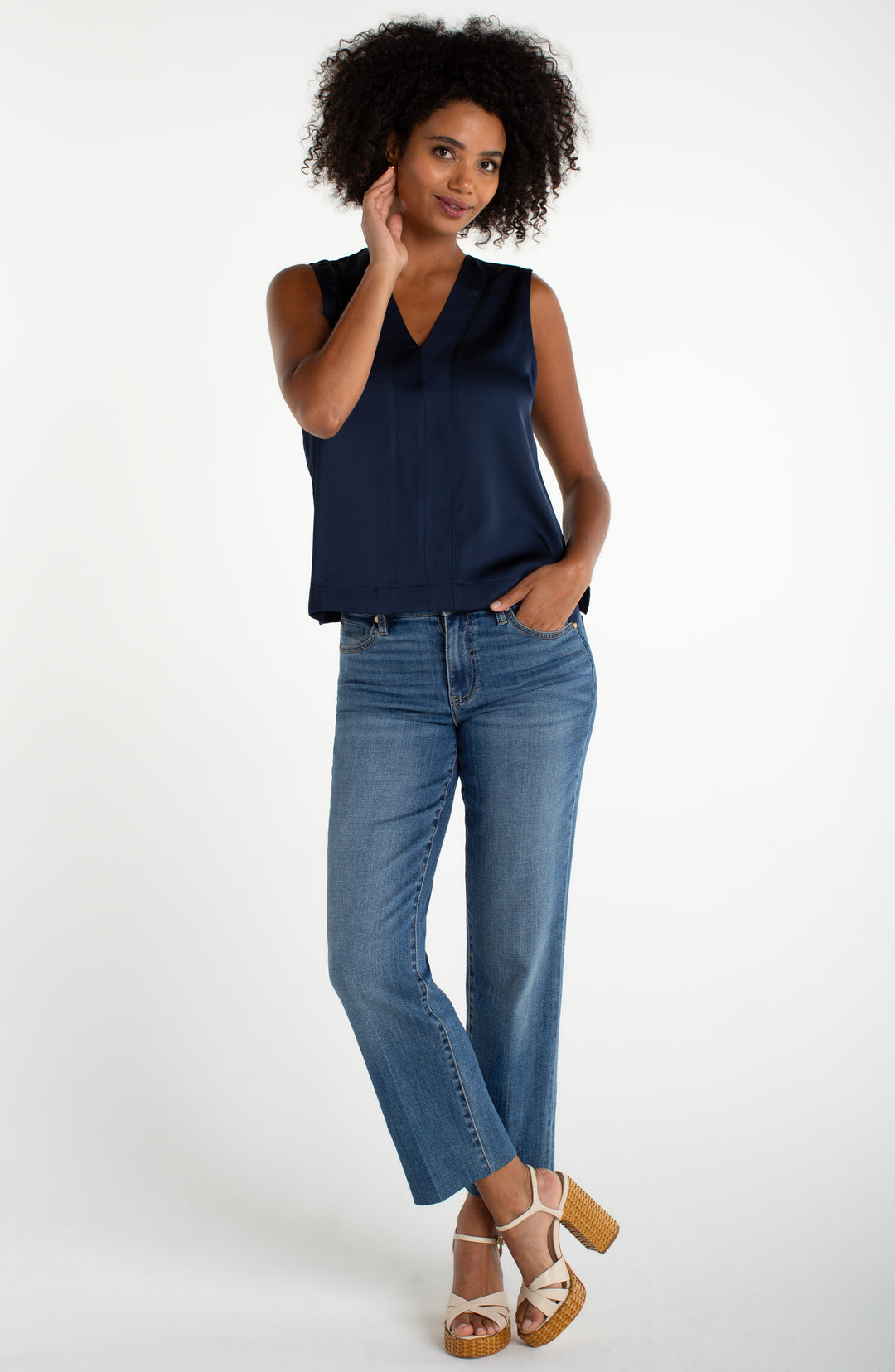 Liverpool Sleeveless V-neck Woven-to-knit Top - Dark Navy