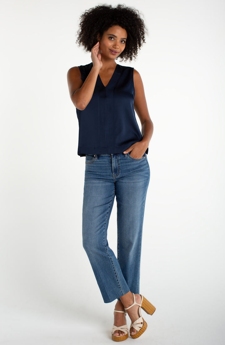 Liverpool Sleeveless V-neck Woven-to-knit Top - Dark Navy