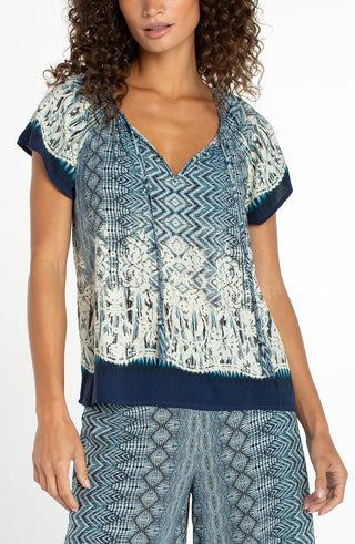 Liverpool Short Sleeve Woven Top with Tie Detail - Nomad Ikat Print