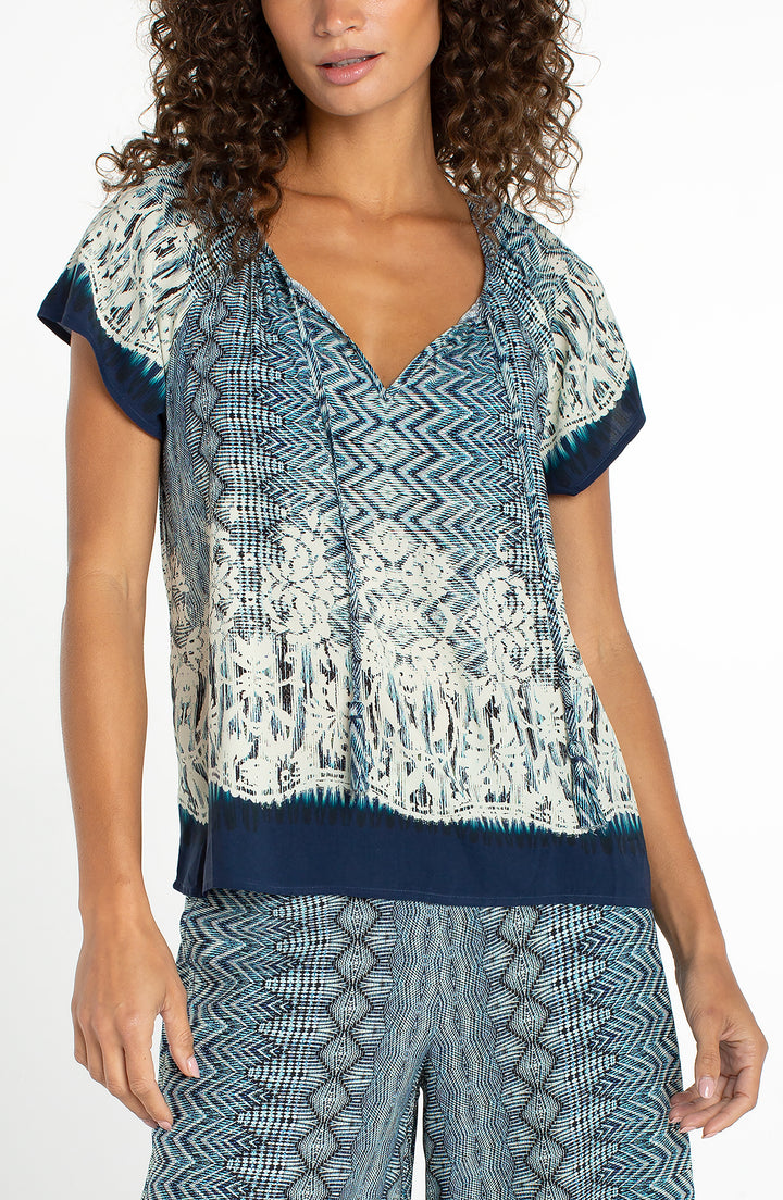 Liverpool Short Sleeve Woven Top with Tie Detail - Nomad Ikat Print