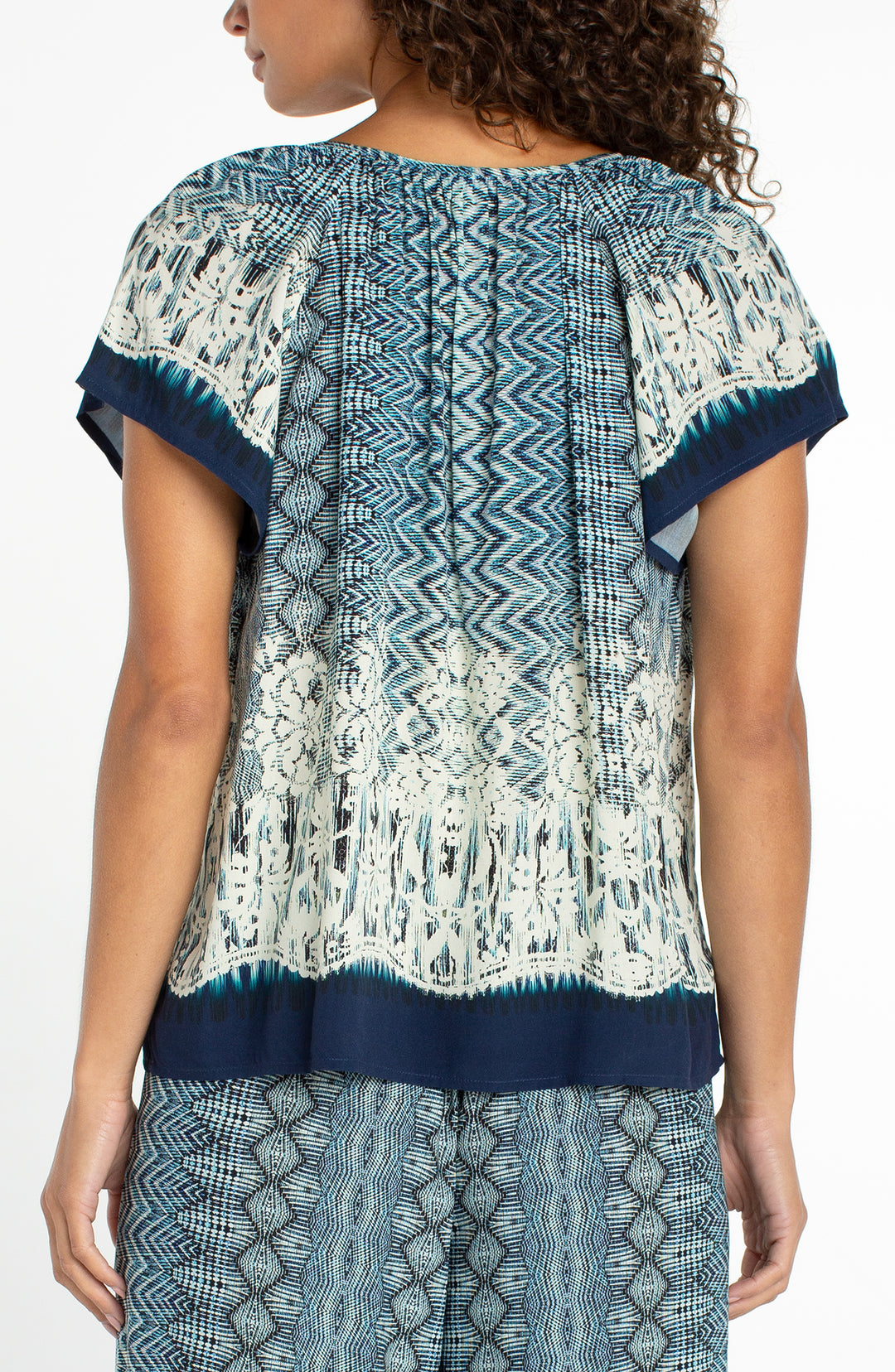 Liverpool Short Sleeve Woven Top with Tie Detail - Nomad Ikat Print