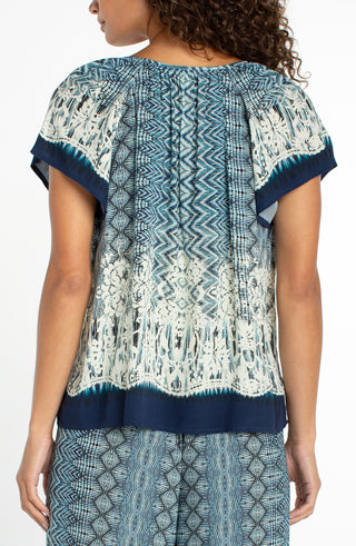 Liverpool Short Sleeve Woven Top with Tie Detail - Nomad Ikat Print