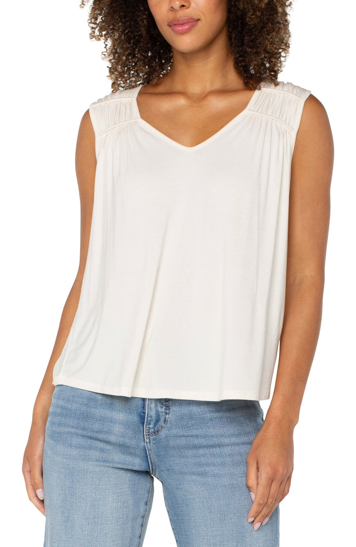 Liverpool Sleeveless Shirred Detail Knit Top - Whipped Cream