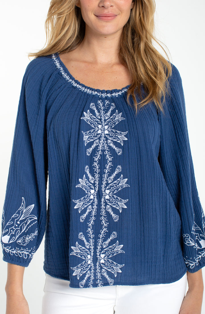 Liverpool 3/4 Sleeve Woven Top with Embroidery - Liberty Blue