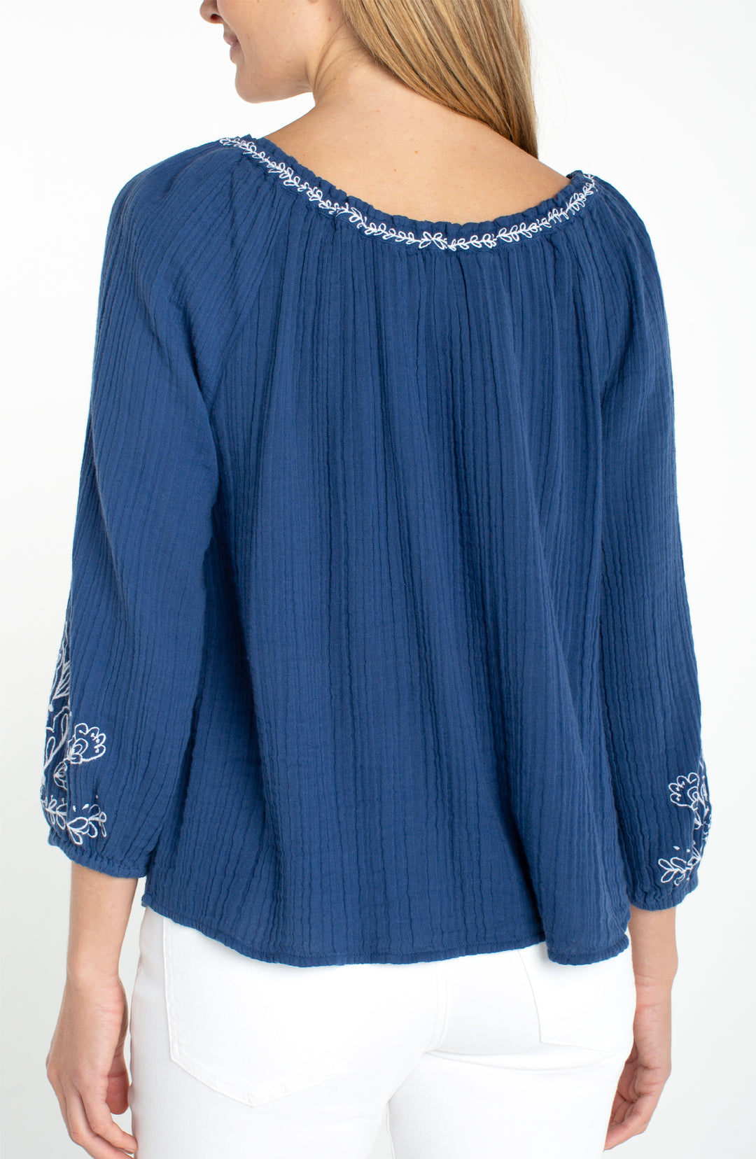 Liverpool 3/4 Sleeve Woven Top with Embroidery - Liberty Blue
