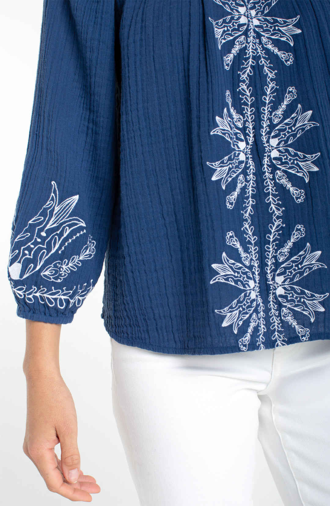 Liverpool 3/4 Sleeve Woven Top with Embroidery - Liberty Blue