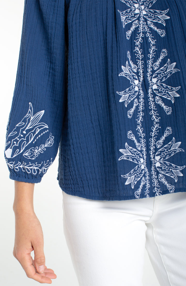 Liverpool 3/4 Sleeve Woven Top with Embroidery - Liberty Blue