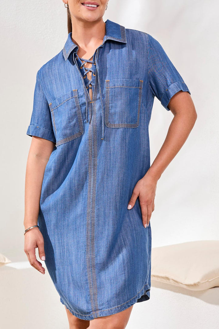 Tribal Cap Popover Shirt Dress with Lace Up Detail