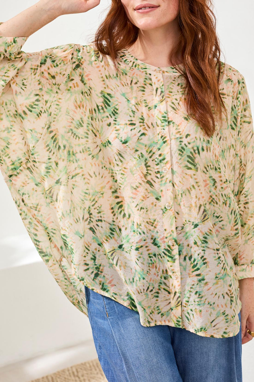Tribal Flowy Dolman Sleeve Blouse With Self-Covering Buttons - Cactusclay