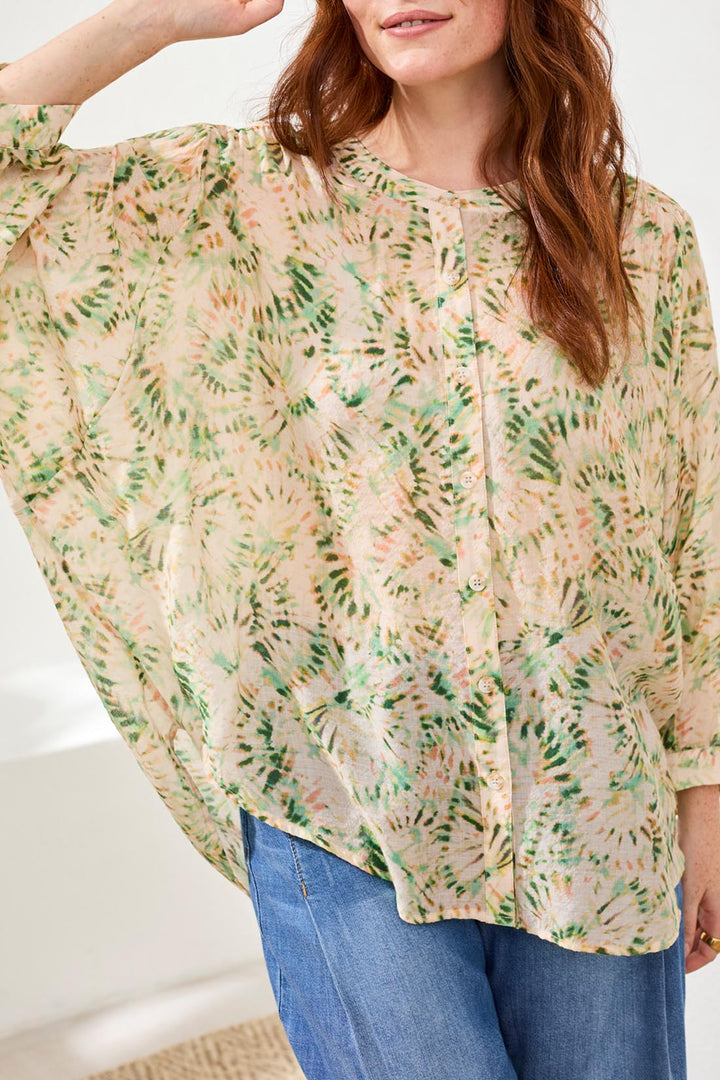 Tribal Flowy Dolman Sleeve Blouse With Self-Covering Buttons - Cactusclay