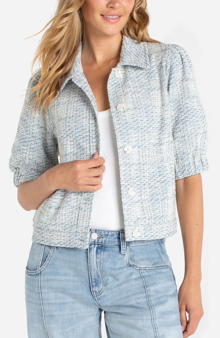 Liverpool Short Puff Sleeve Cropped Jacket - Cream Blue Plaid