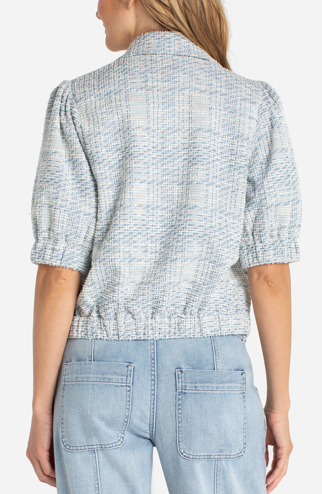 Liverpool Short Puff Sleeve Cropped Jacket - Cream Blue Plaid