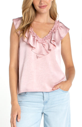 Liverpool Ruffle Front Sleeveless Woven to Knit Top - Light Rose