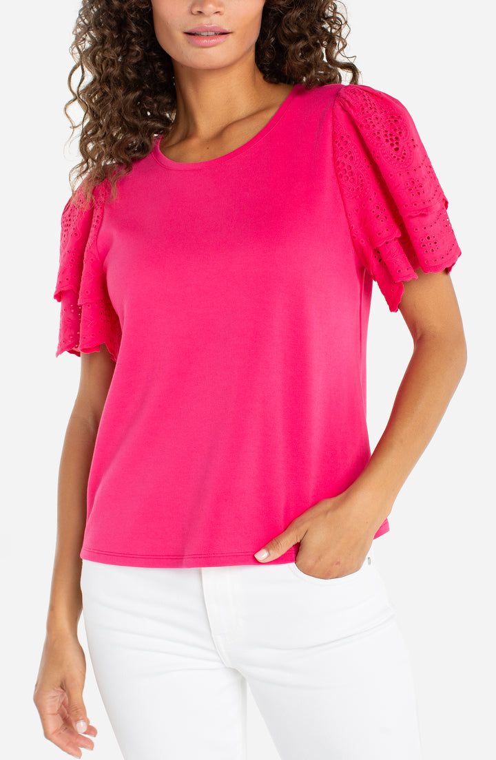 Liverpool Short Sleeve Knit to Woven Top With Embroidery - Diva Pink