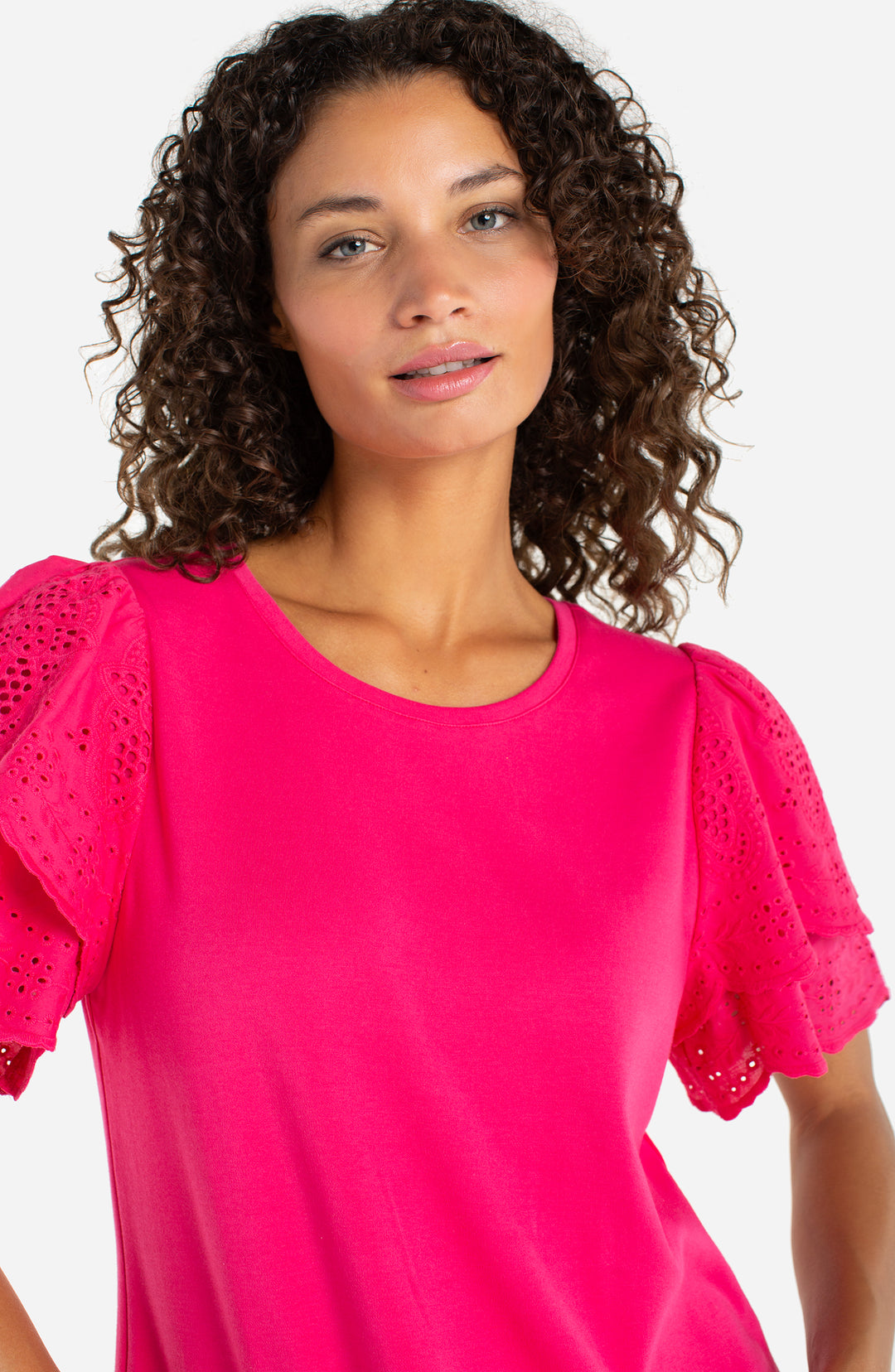 Liverpool Short Sleeve Knit to Woven Top With Embroidery - Diva Pink