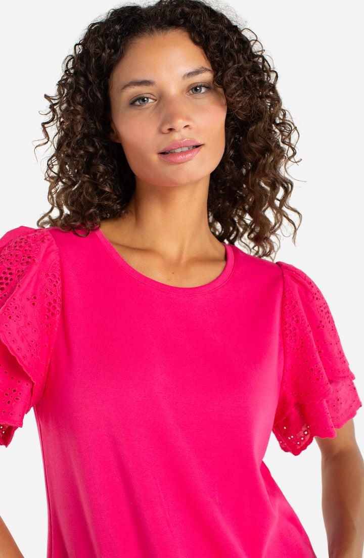 Liverpool Short Sleeve Knit to Woven Top With Embroidery - Diva Pink