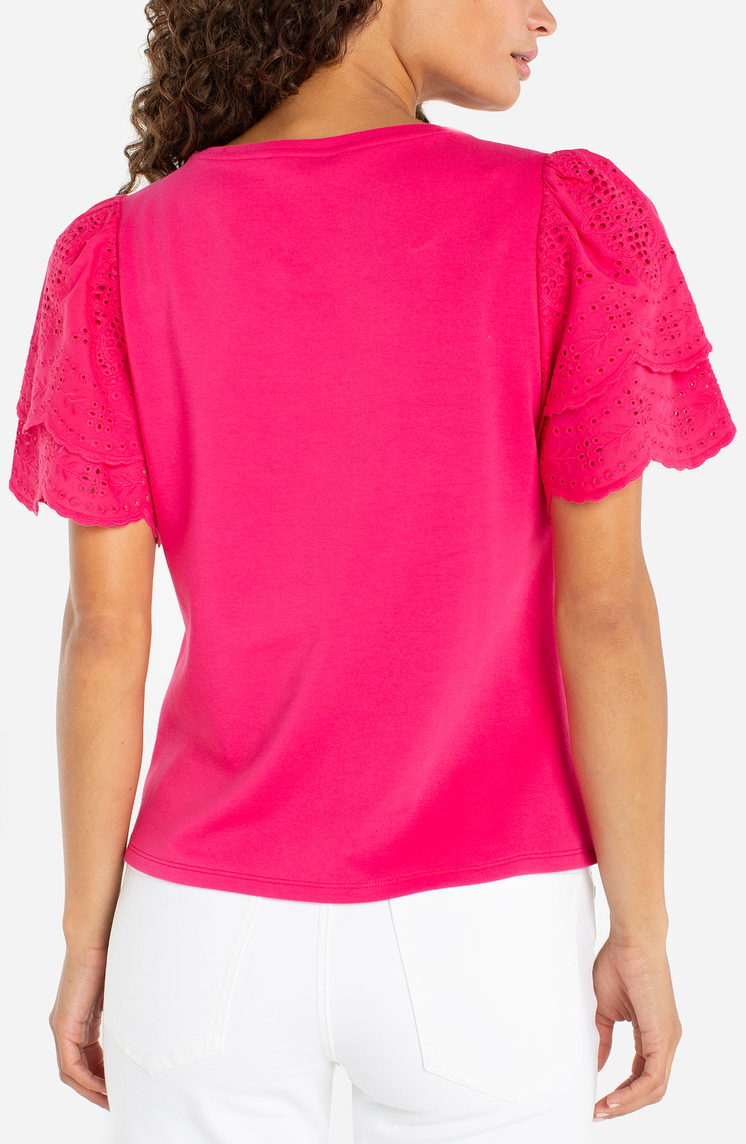 Liverpool Short Sleeve Knit to Woven Top With Embroidery - Diva Pink