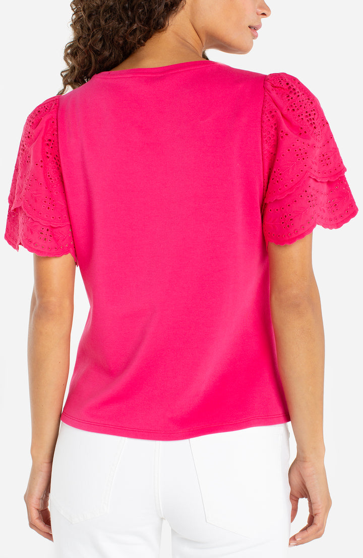 Liverpool Short Sleeve Knit to Woven Top With Embroidery - Diva Pink