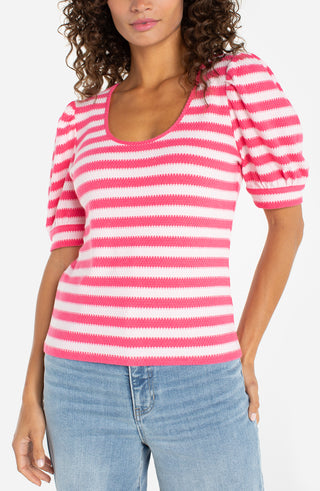 Liverpool Half Sleeve Scoop Neck Knit Top - Pink Multi Stripe
