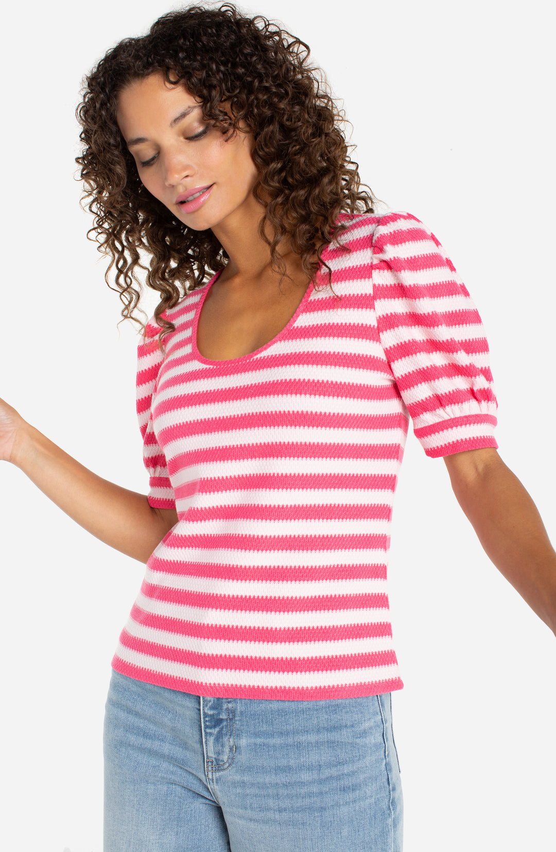 Liverpool Half Sleeve Scoop Neck Knit Top - Pink Multi Stripe