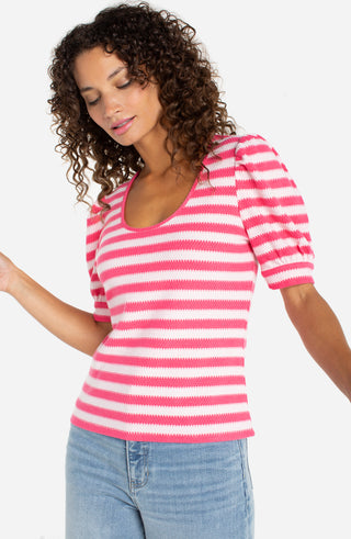 Liverpool Half Sleeve Scoop Neck Knit Top - Pink Multi Stripe