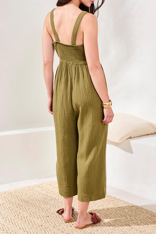 Tribal Crinkled Gauze Jumpsuit With Smocked Back - Rainforest