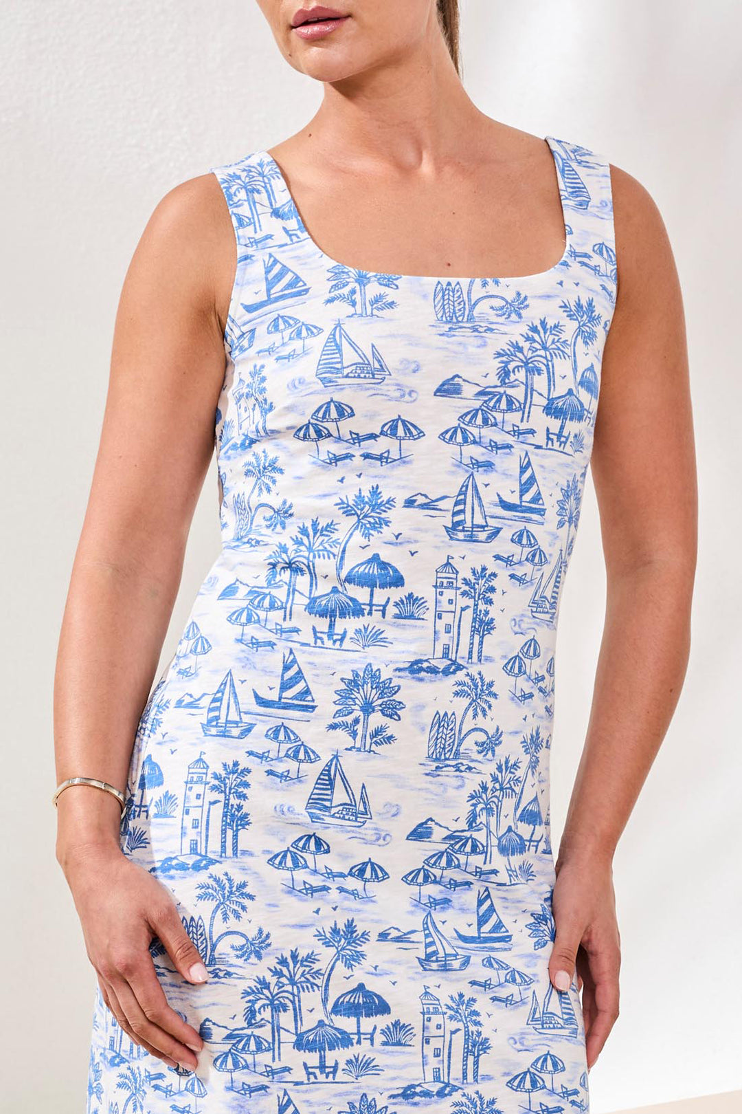 Tribal Sleeveless Square Neck Slip-On Dress - White/Blue