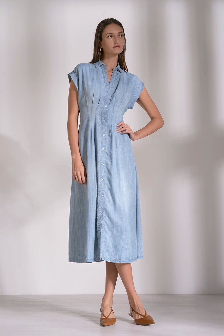 Denim Midi Cap Sleeve Dress - Light Wash